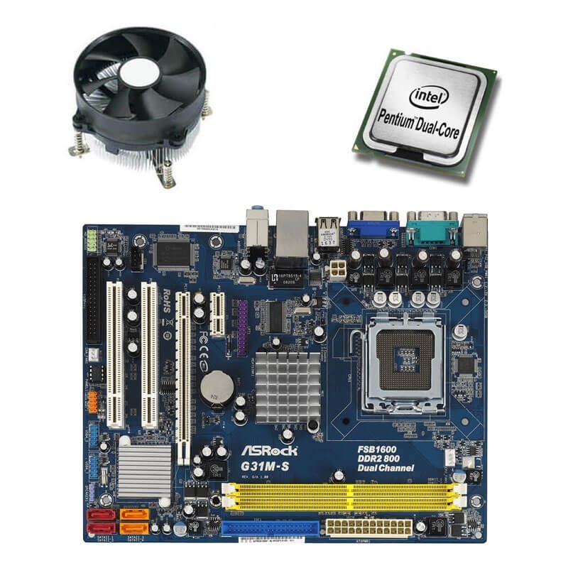 Kit Placa de Baza Refurbished ASRock G31M-S, Intel Dual Core E5200, Cooler